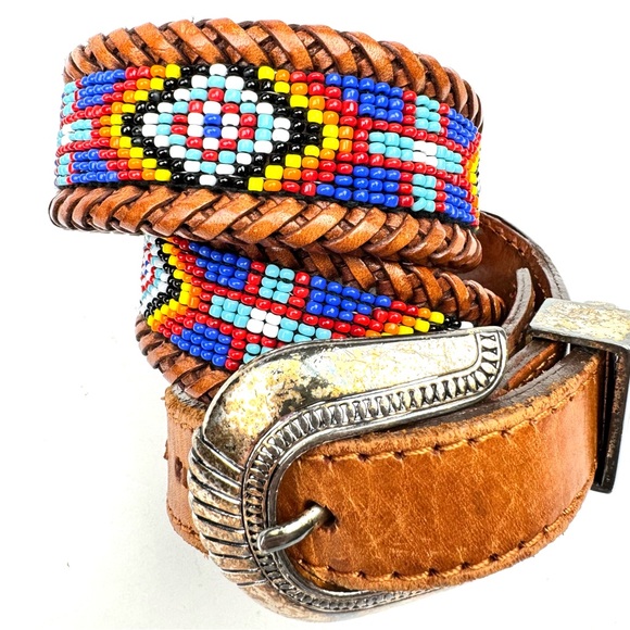 Vintage Hand-Beaded Leather Belt | Boho Western | Braided Leather Patina Buckle main image 6